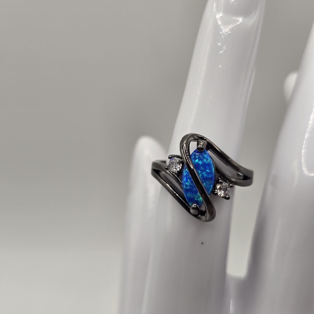 Fire Blue Opal, CZ and gunmetal ring  poss. rhodium plate oval  stunning! Sz 7